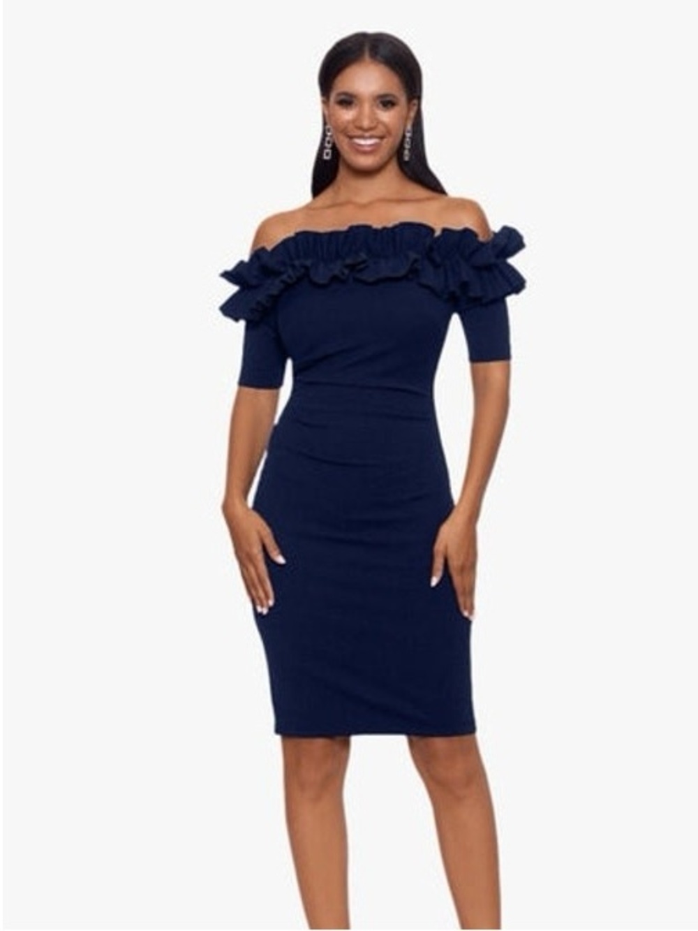 Xscape Scuba Crepe Ruffled Off-the-Shoulder Bodycon Dress Navy Size 18W NWT
